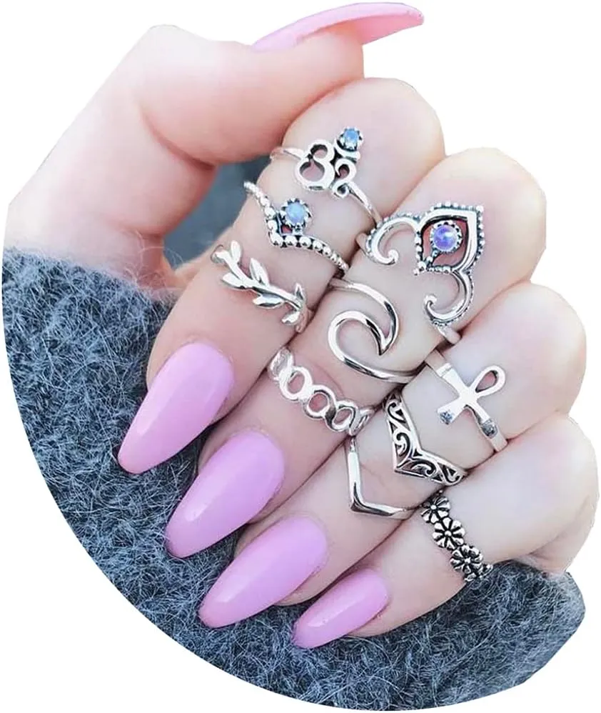 10 Pcs Knuckle Stacking Ring Set Silver Vsco Flower Leaf Rings Vintage Hollow Crystal Crown Ring for Women