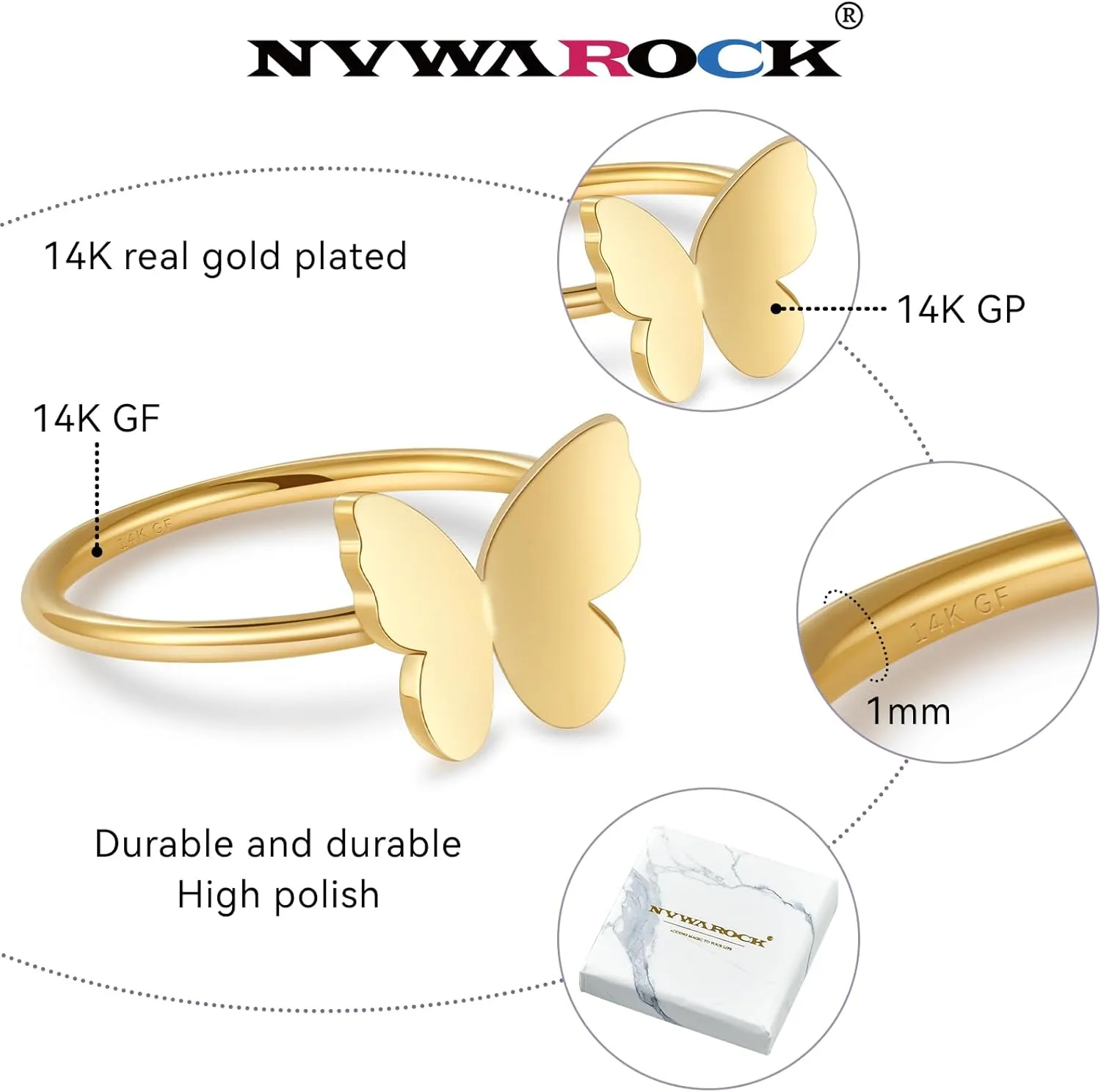 1mm Butterfly Bow Thin Stacking Rings for Women 14K Gold Filled Slim Statement Band Ring Non Tarnish Cute Pinky Ring Size 5 to 10
