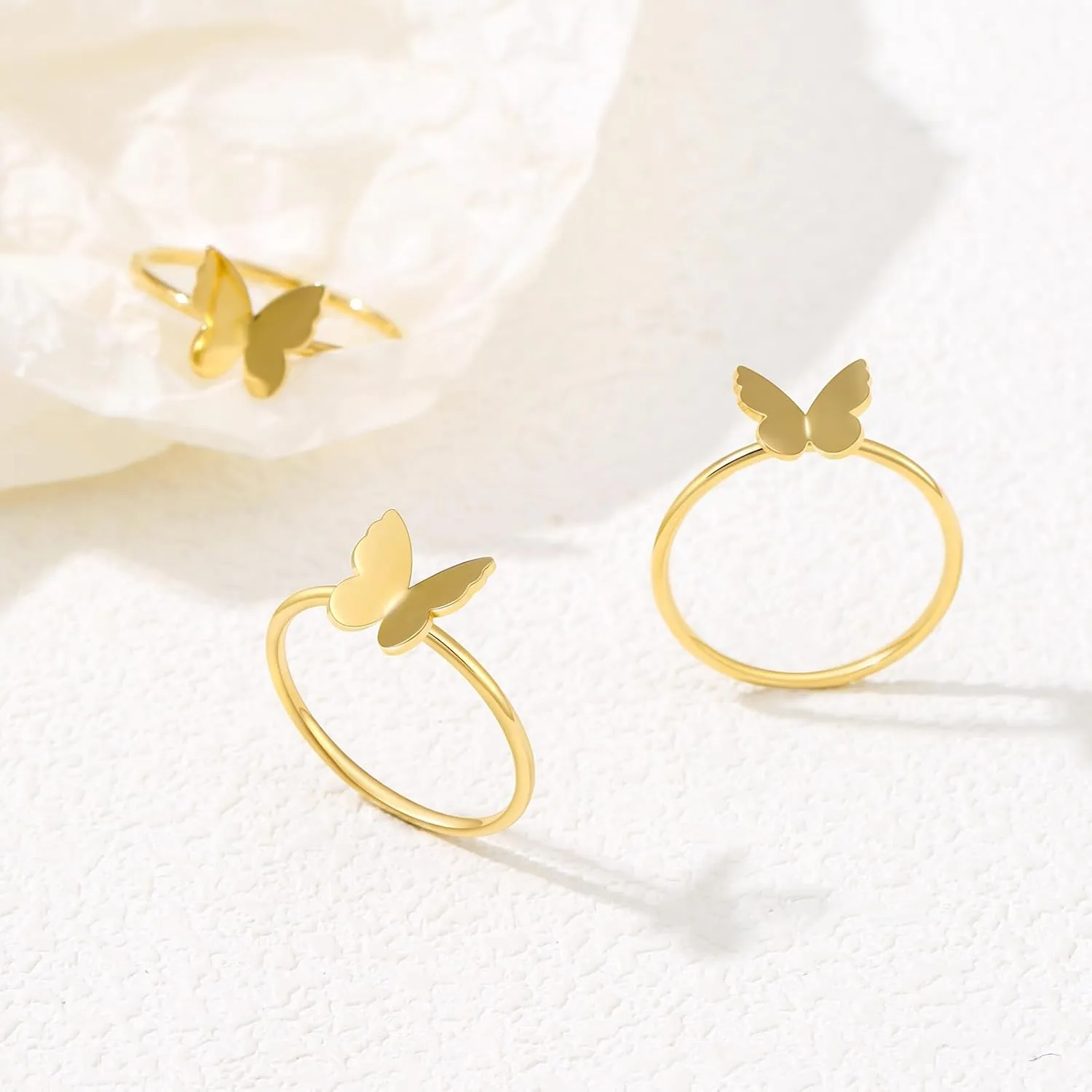1mm Butterfly Bow Thin Stacking Rings for Women 14K Gold Filled Slim Statement Band Ring Non Tarnish Cute Pinky Ring Size 5 to 10