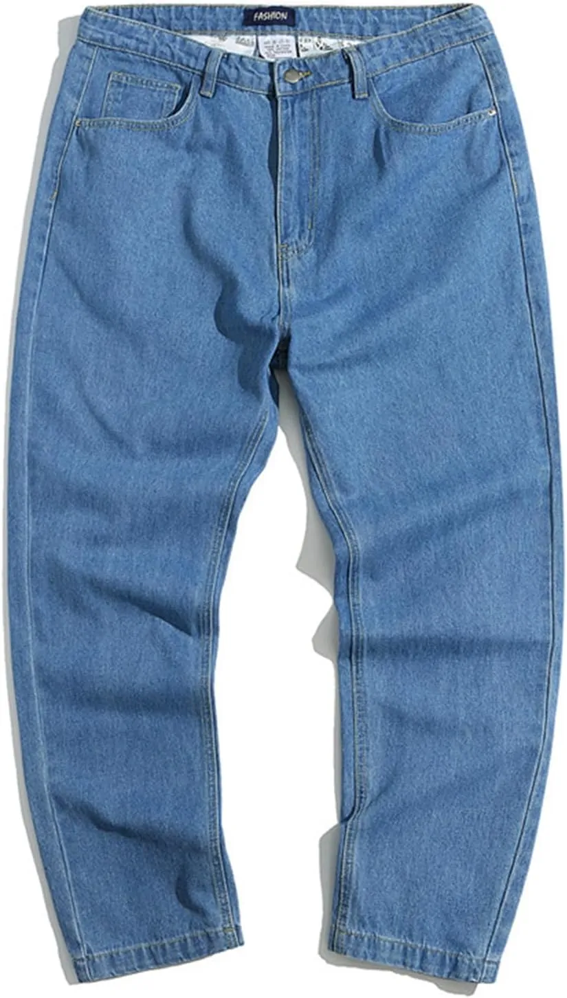 2023 Men's Loose Fit Stretch Jeans Casual Distressed Plain Stacked Straight Leg Trousers Skinny Denim Pants Streetwear