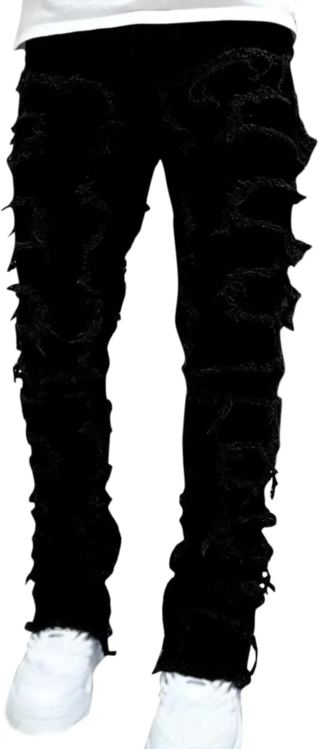 2023 Mens Stacked Jeans Slim Fit Ripped Skinny Stretch Jeans Distressed Straight Fit Denim Pants Hip Hop Trousers Streetwear