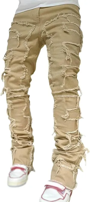 2023 Mens Stacked Jeans Slim Fit Ripped Skinny Stretch Jeans Distressed Straight Fit Denim Pants Hip Hop Trousers Streetwear