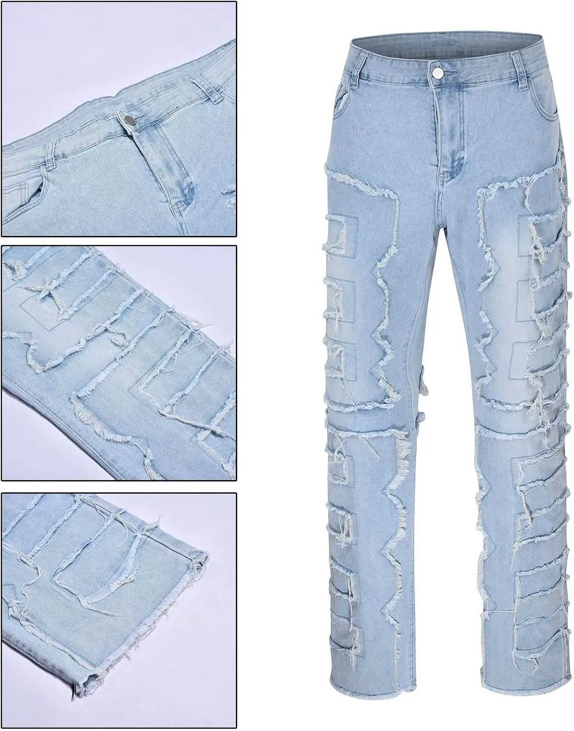 2023 Mens Stacked Jeans Slim Fit Ripped Skinny Stretch Jeans Distressed Straight Fit Denim Pants Hip Hop Trousers Streetwear