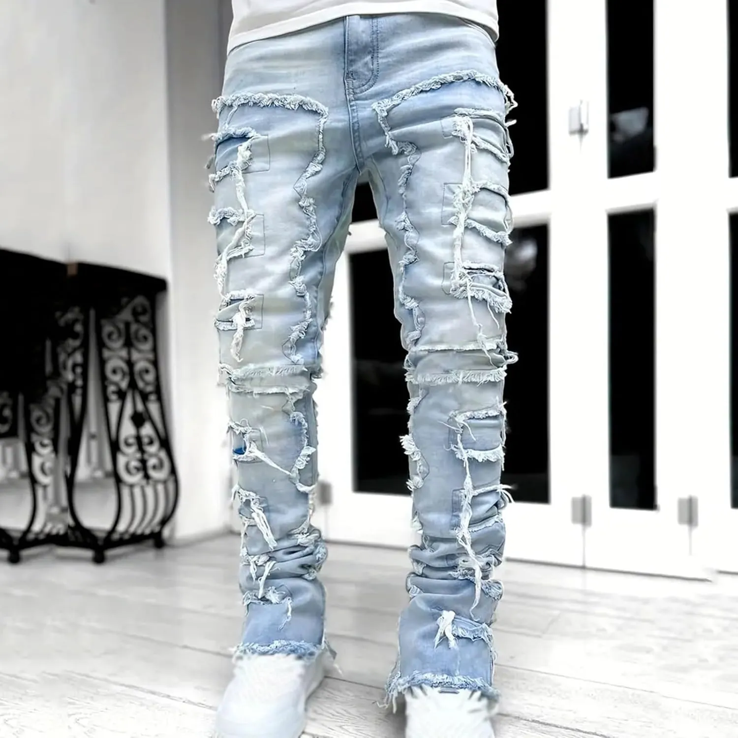 2023 Mens Stacked Jeans Slim Fit Ripped Skinny Stretch Jeans Distressed Straight Fit Denim Pants Hip Hop Trousers Streetwear