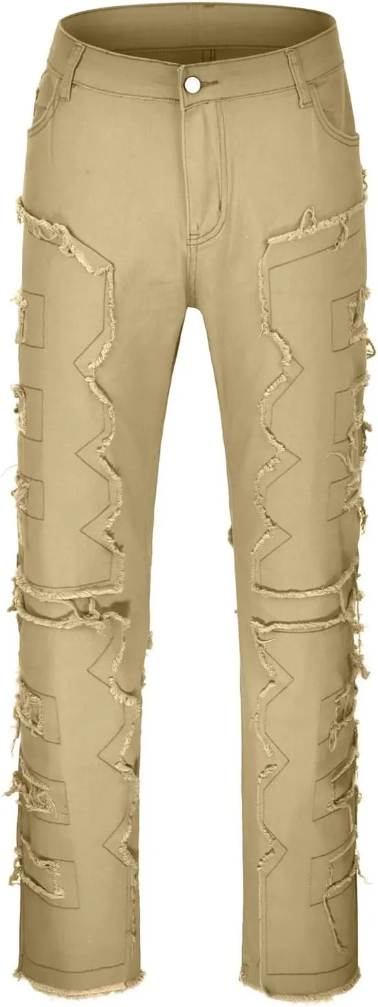 2023 Mens Stacked Jeans Slim Fit Ripped Skinny Stretch Jeans Distressed Straight Fit Denim Pants Hip Hop Trousers Streetwear