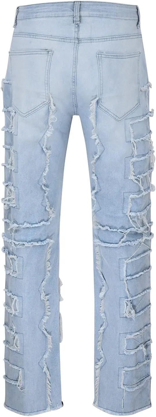 2023 Mens Stacked Jeans Slim Fit Ripped Skinny Stretch Jeans Distressed Straight Fit Denim Pants Hip Hop Trousers Streetwear