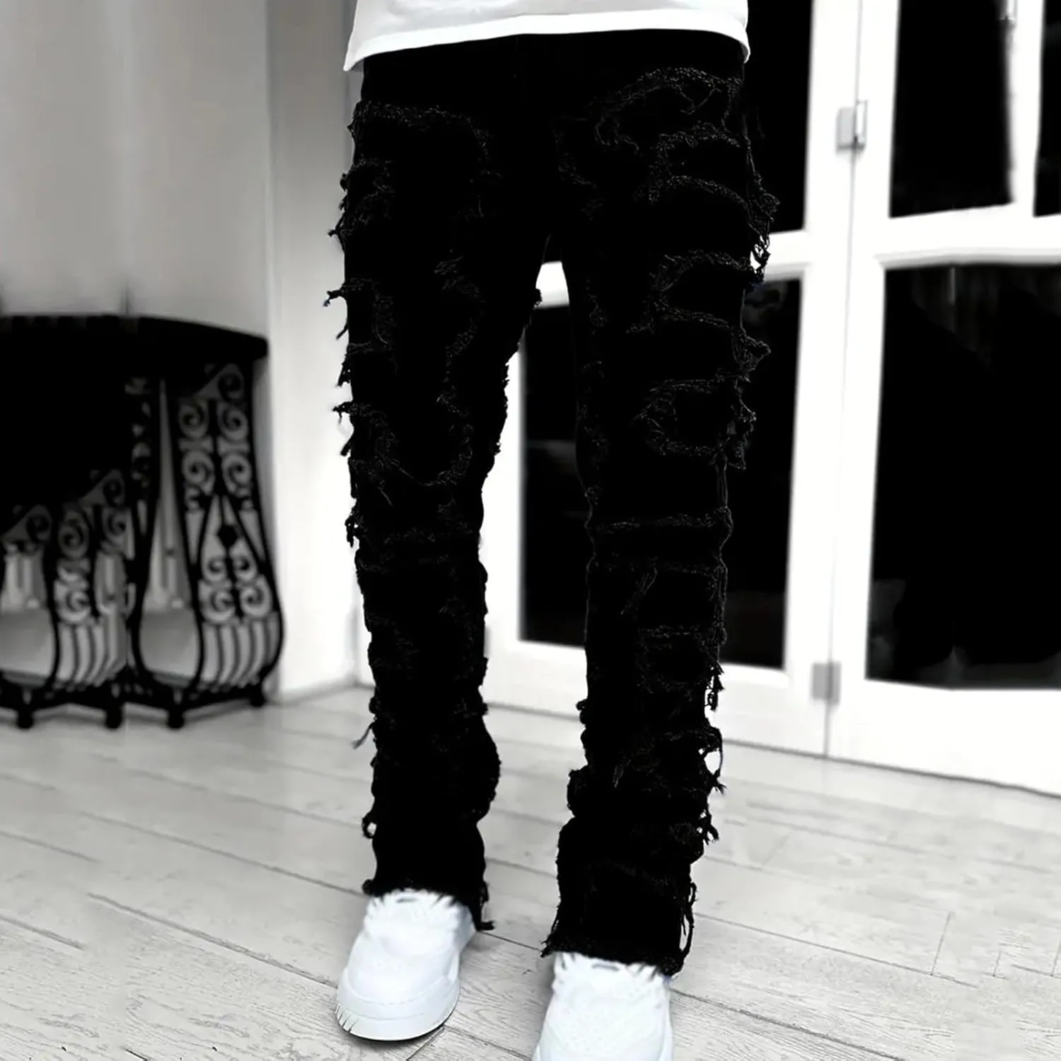 2023 Mens Stacked Jeans Slim Fit Ripped Skinny Stretch Jeans Distressed Straight Fit Denim Pants Hip Hop Trousers Streetwear