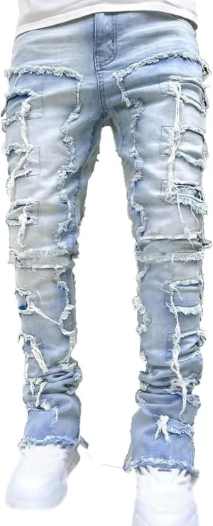 2023 Mens Stacked Jeans Slim Fit Ripped Skinny Stretch Jeans Distressed Straight Fit Denim Pants Hip Hop Trousers Streetwear