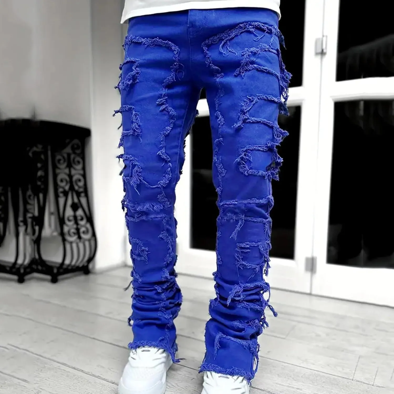 2023 Mens Stacked Jeans Slim Fit Ripped Skinny Stretch Jeans Distressed Straight Fit Denim Pants Hip Hop Trousers Streetwear