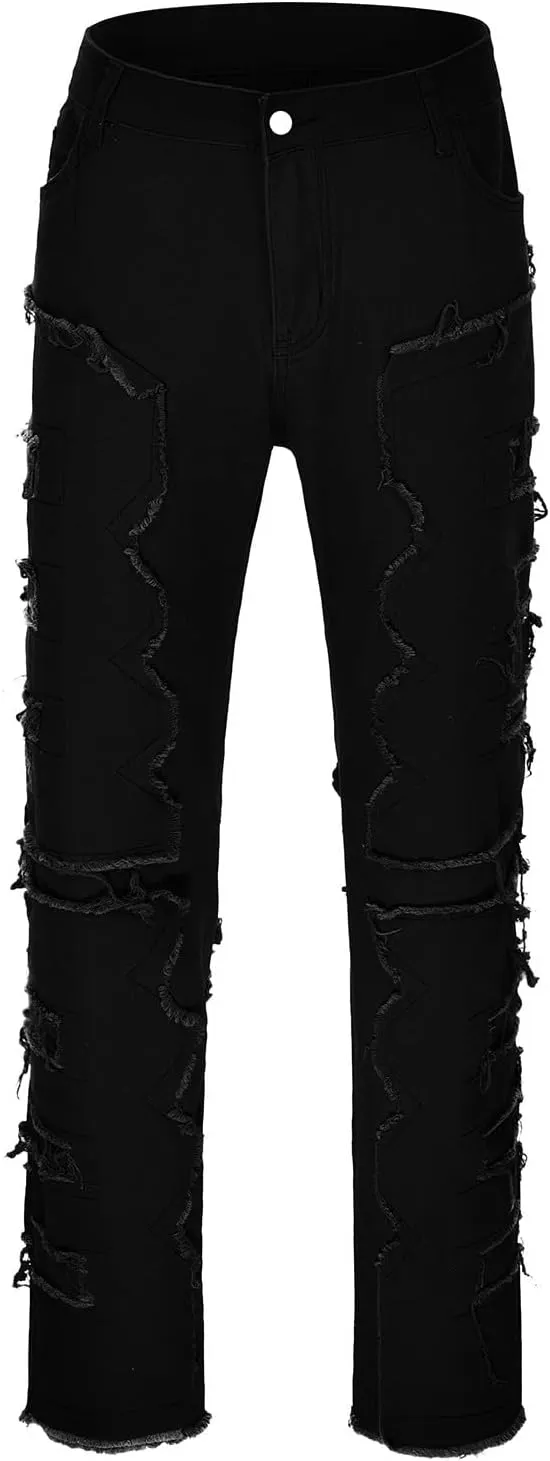 2023 Mens Stacked Jeans Slim Fit Ripped Skinny Stretch Jeans Distressed Straight Fit Denim Pants Hip Hop Trousers Streetwear