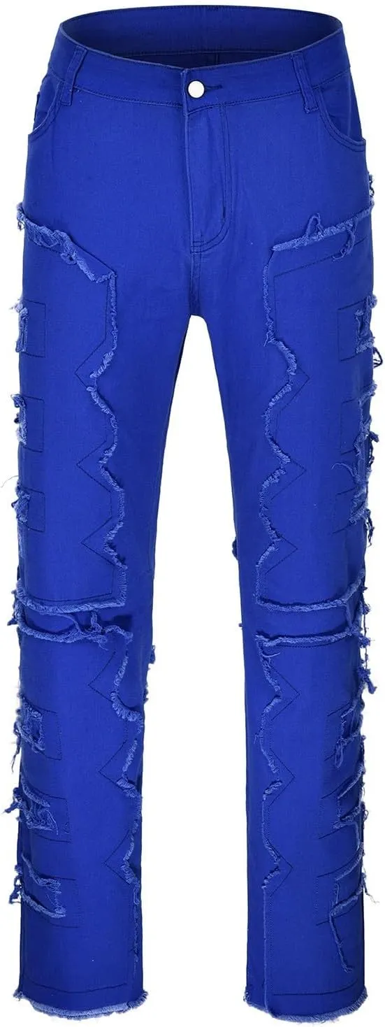 2023 Mens Stacked Jeans Slim Fit Ripped Skinny Stretch Jeans Distressed Straight Fit Denim Pants Hip Hop Trousers Streetwear