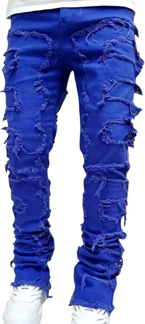 2023 Mens Stacked Jeans Slim Fit Ripped Skinny Stretch Jeans Distressed Straight Fit Denim Pants Hip Hop Trousers Streetwear