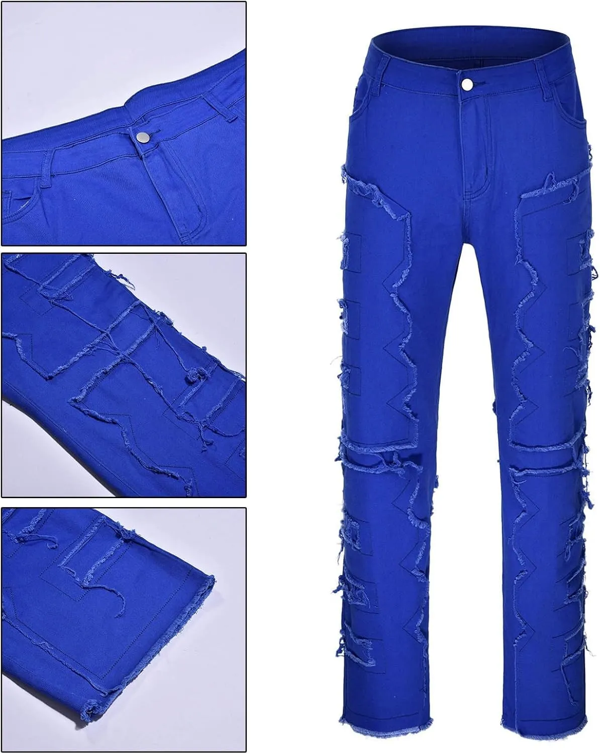2023 Mens Stacked Jeans Slim Fit Ripped Skinny Stretch Jeans Distressed Straight Fit Denim Pants Hip Hop Trousers Streetwear