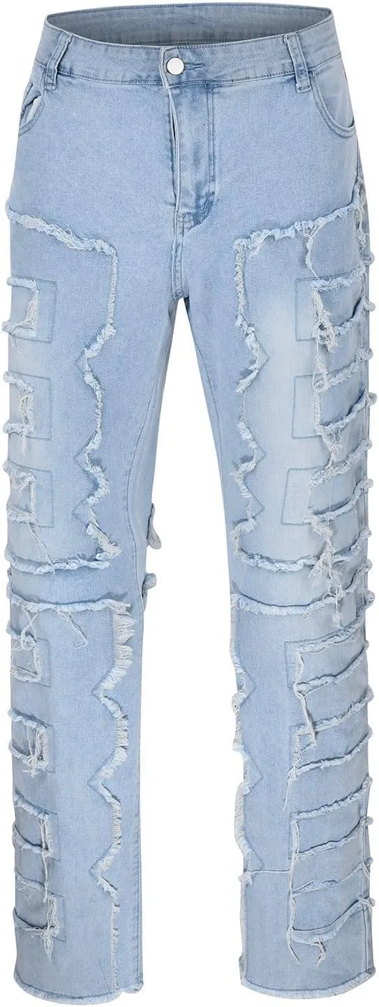 2023 Mens Stacked Jeans Slim Fit Ripped Skinny Stretch Jeans Distressed Straight Fit Denim Pants Hip Hop Trousers Streetwear