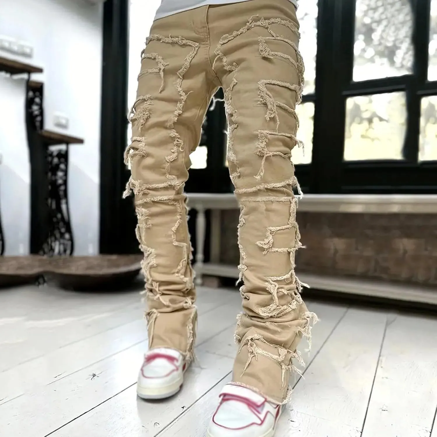 2023 Mens Stacked Jeans Slim Fit Ripped Skinny Stretch Jeans Distressed Straight Fit Denim Pants Hip Hop Trousers Streetwear