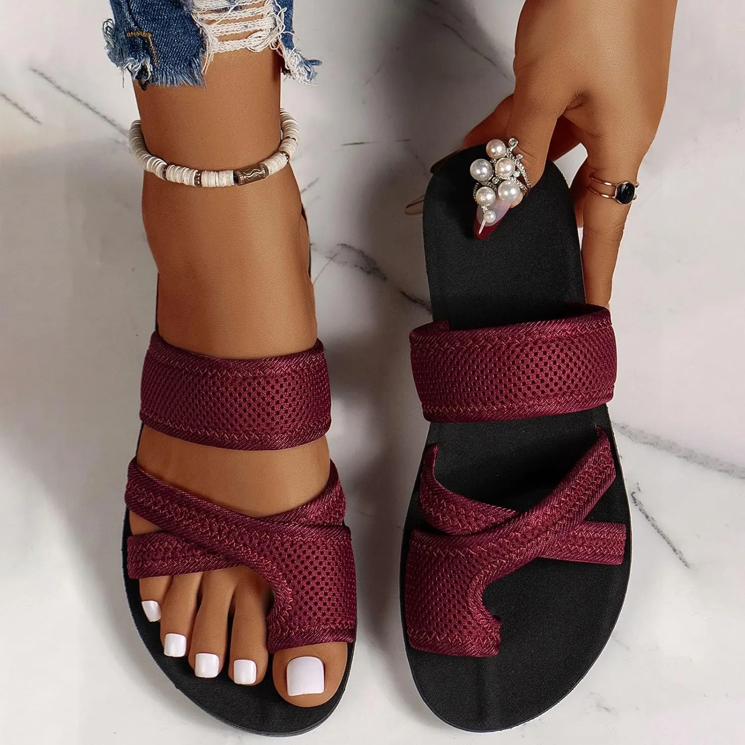2024 Women's Hollow Mesh Slide Sandals - Orthopedic Arch Support Breathable Mesh Sandals Slip On Beach Walking Shoes
