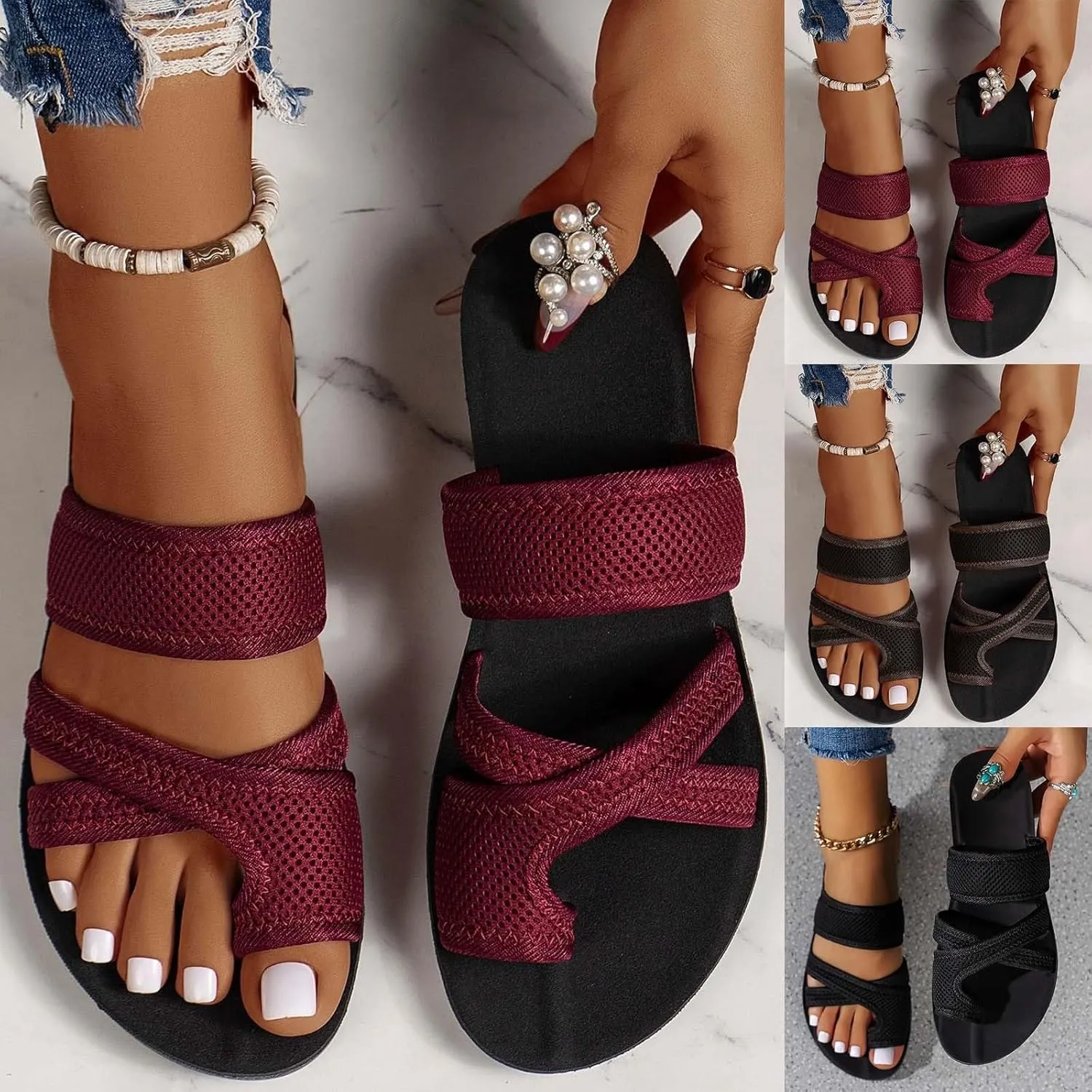 2024 Women's Hollow Mesh Slide Sandals - Orthopedic Arch Support Breathable Mesh Sandals Slip On Beach Walking Shoes