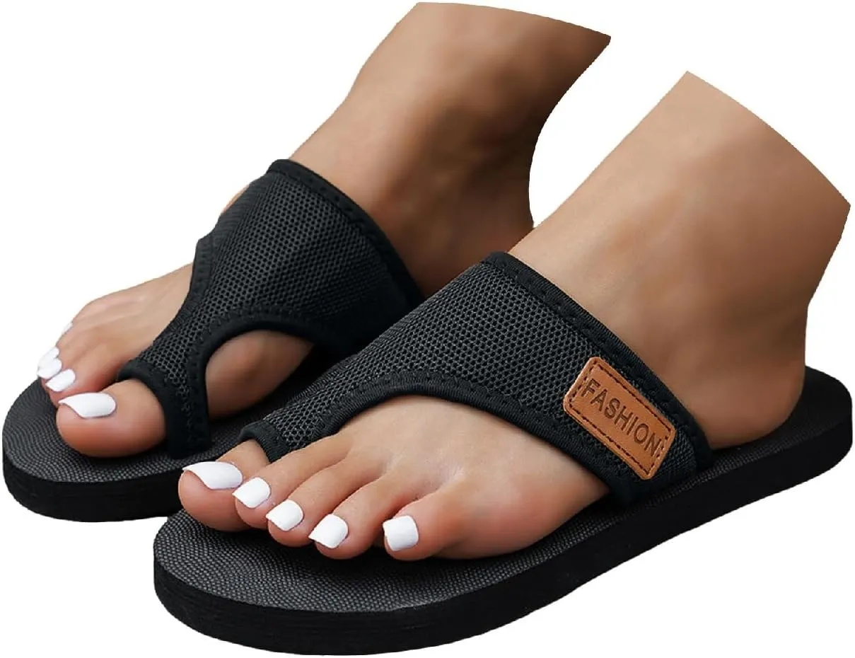 2025 NEW Women's Hollow Breathable Mesh Slide Sandals, Orthopedic Open Toe Ring Loop Flat Sandals Anti-Slip Casual Slippers