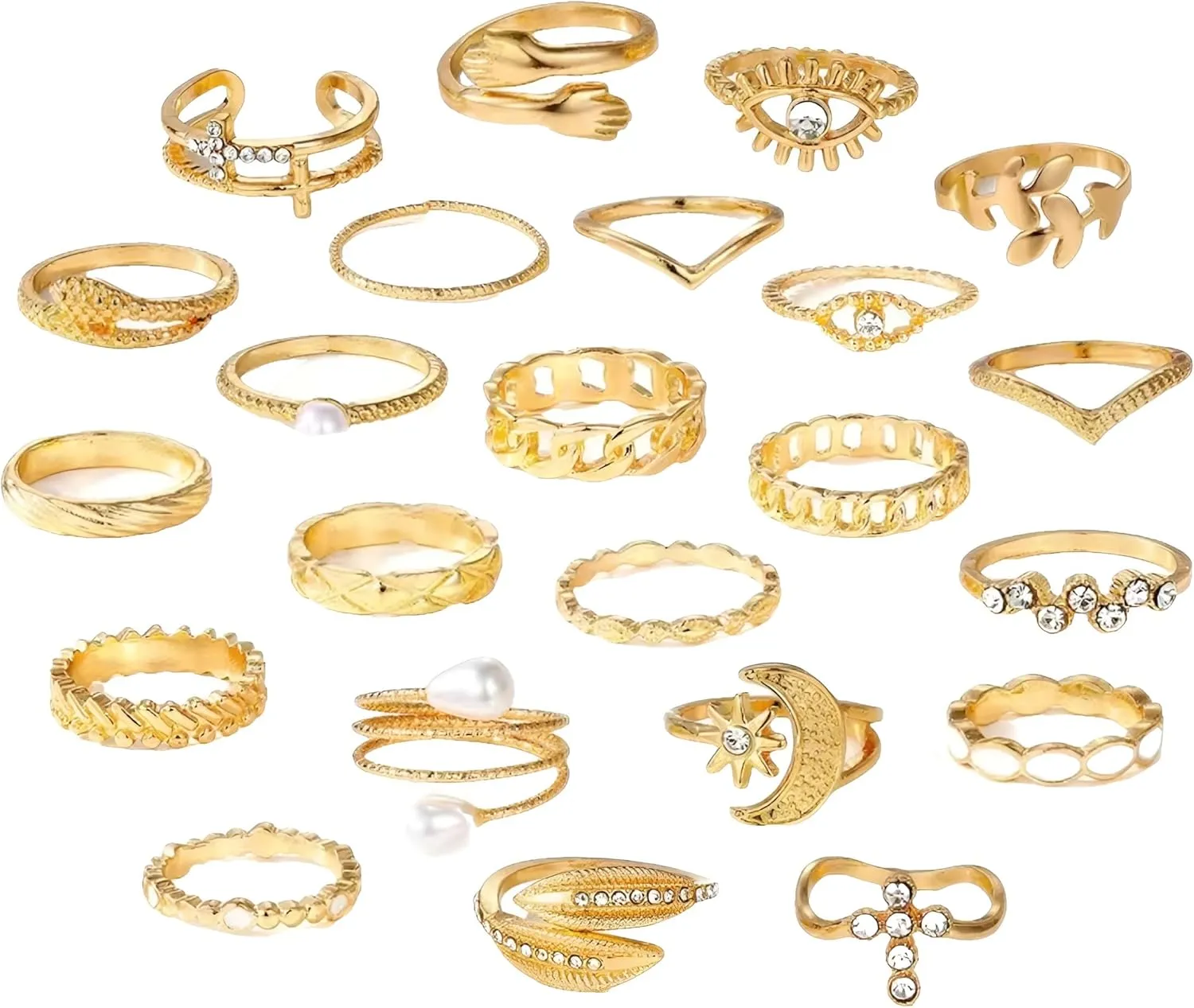 23pcs Boho Style Gold Color Stacking Rings Set Trendy Cross Leaf Chain Evil Eye Patterns Mix And Match