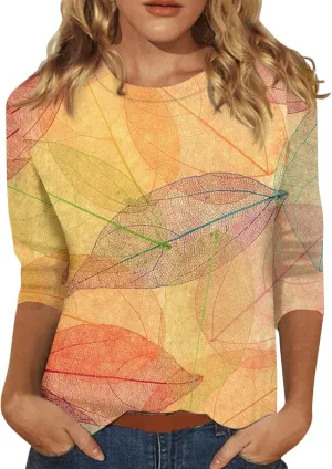 3/4 Length Sleeve Womens Tops 2024 Floral Print Vintage Casual Loose with Round Neck Plus Size Shirts