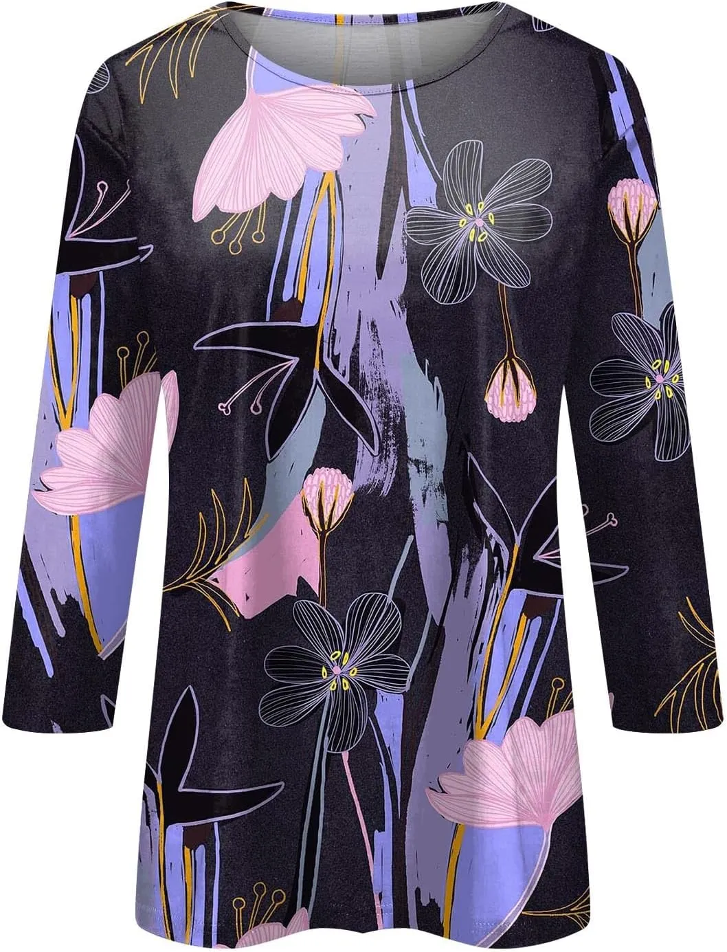 3/4 Length Sleeve Womens Tops Plus Size Crewneck Floral Graphic Shirts Three Quarter Loose Casual Dressy Blouses