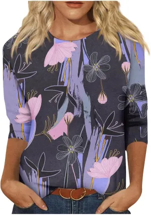 3/4 Length Sleeve Womens Tops Plus Size Crewneck Floral Graphic Shirts Three Quarter Loose Casual Dressy Blouses