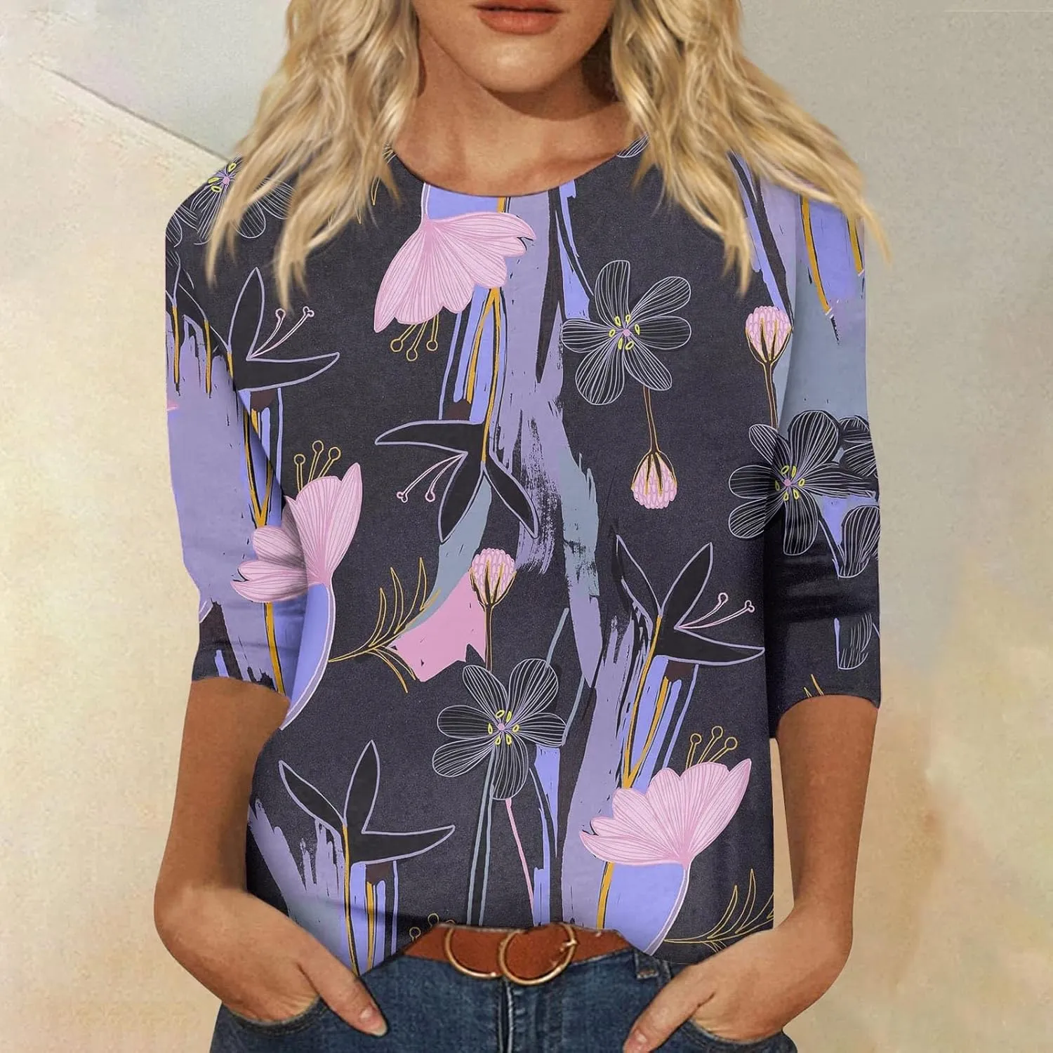 3/4 Length Sleeve Womens Tops Plus Size Crewneck Floral Graphic Shirts Three Quarter Loose Casual Dressy Blouses
