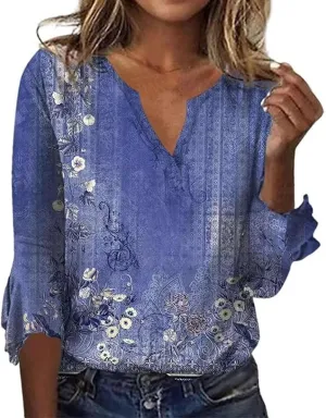 3/4 Length Sleeve Womens Tops Ruffle Sleeve V Neck Petite Shirt 2025 Summer Fashion Boho Floral Blouse