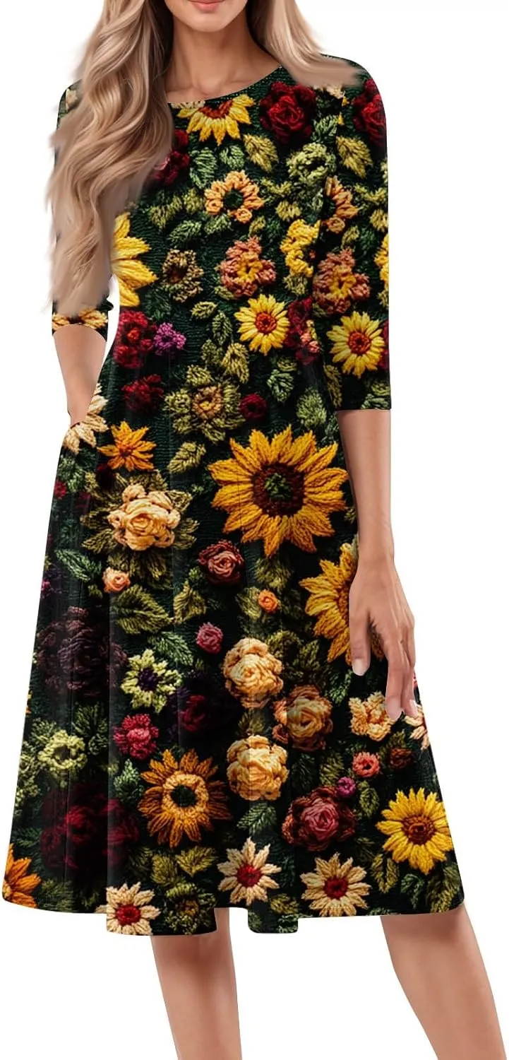 3/4 Sleeve Midi Dress for Women Spring Fashion Outdoor Floral Crewneck Dresses 2025 Casual