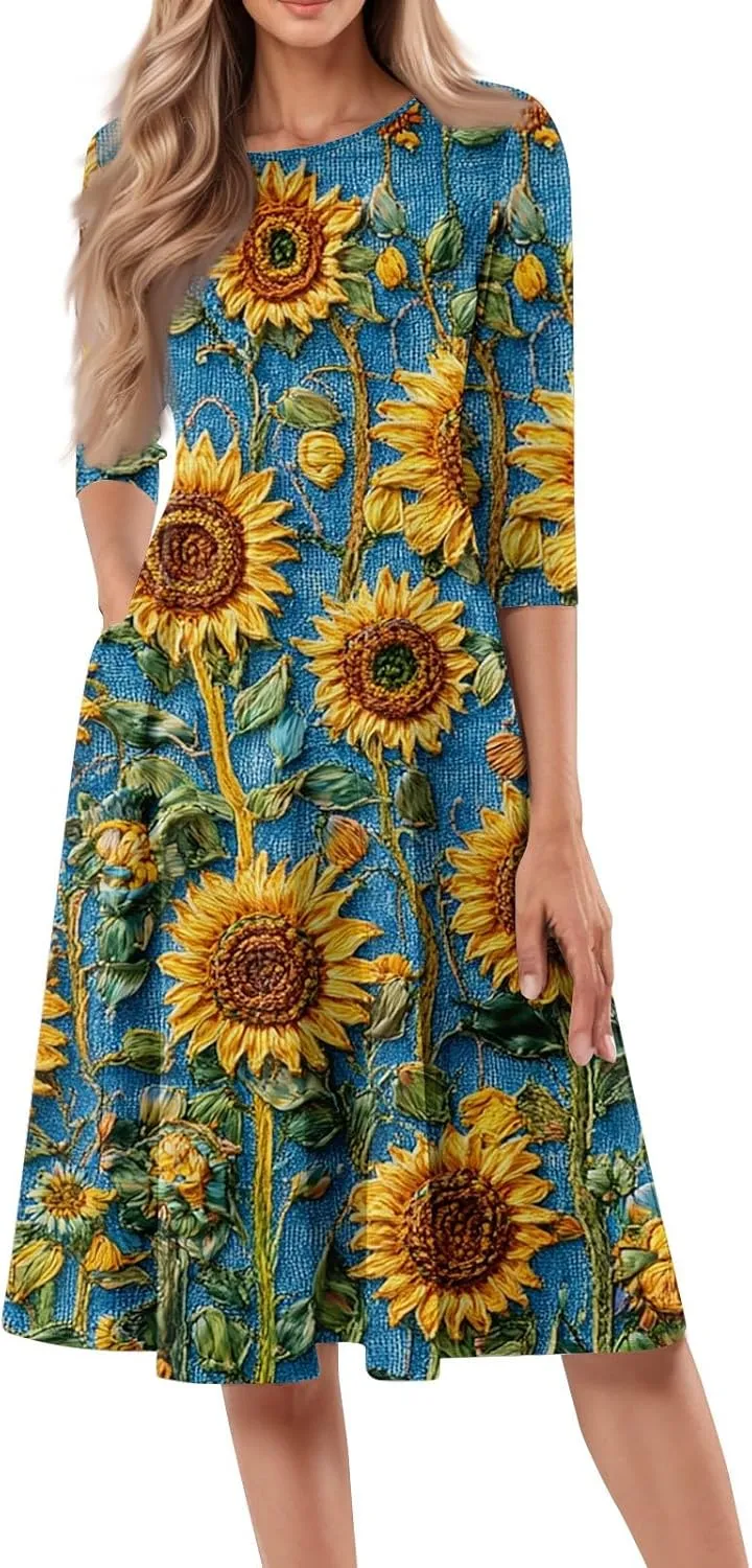 3/4 Sleeve Midi Dress for Women Spring Fashion Outdoor Floral Crewneck Dresses 2025 Casual