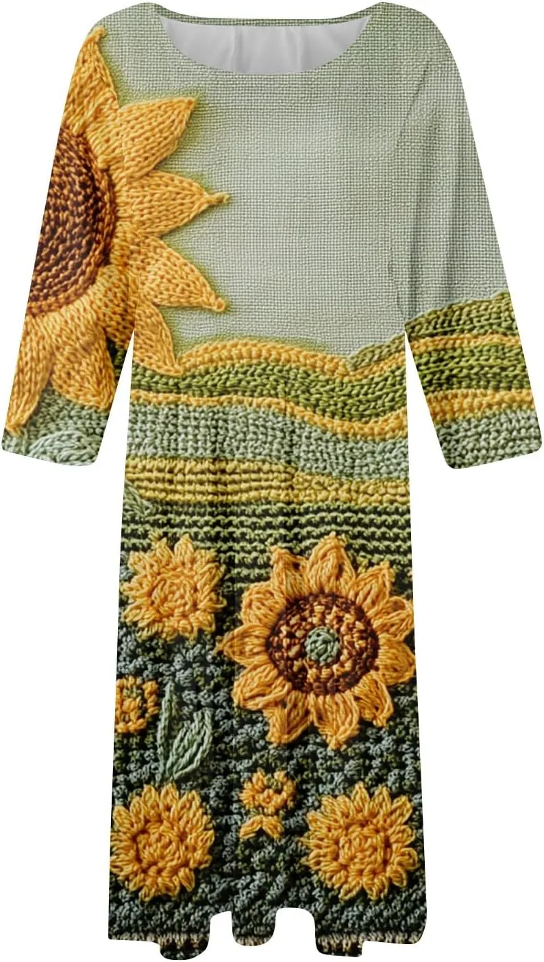 3/4 Sleeve Midi Dress for Women Spring Fashion Outdoor Floral Crewneck Dresses 2025 Casual