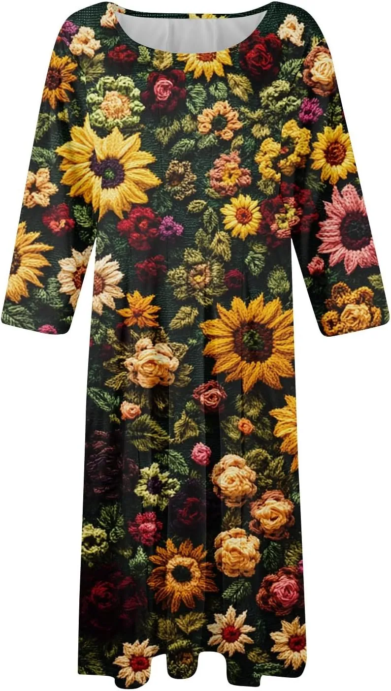3/4 Sleeve Midi Dress for Women Spring Fashion Outdoor Floral Crewneck Dresses 2025 Casual
