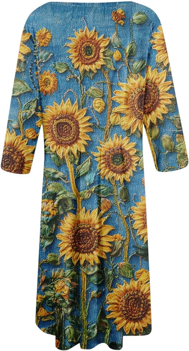 3/4 Sleeve Midi Dress for Women Spring Fashion Outdoor Floral Crewneck Dresses 2025 Casual