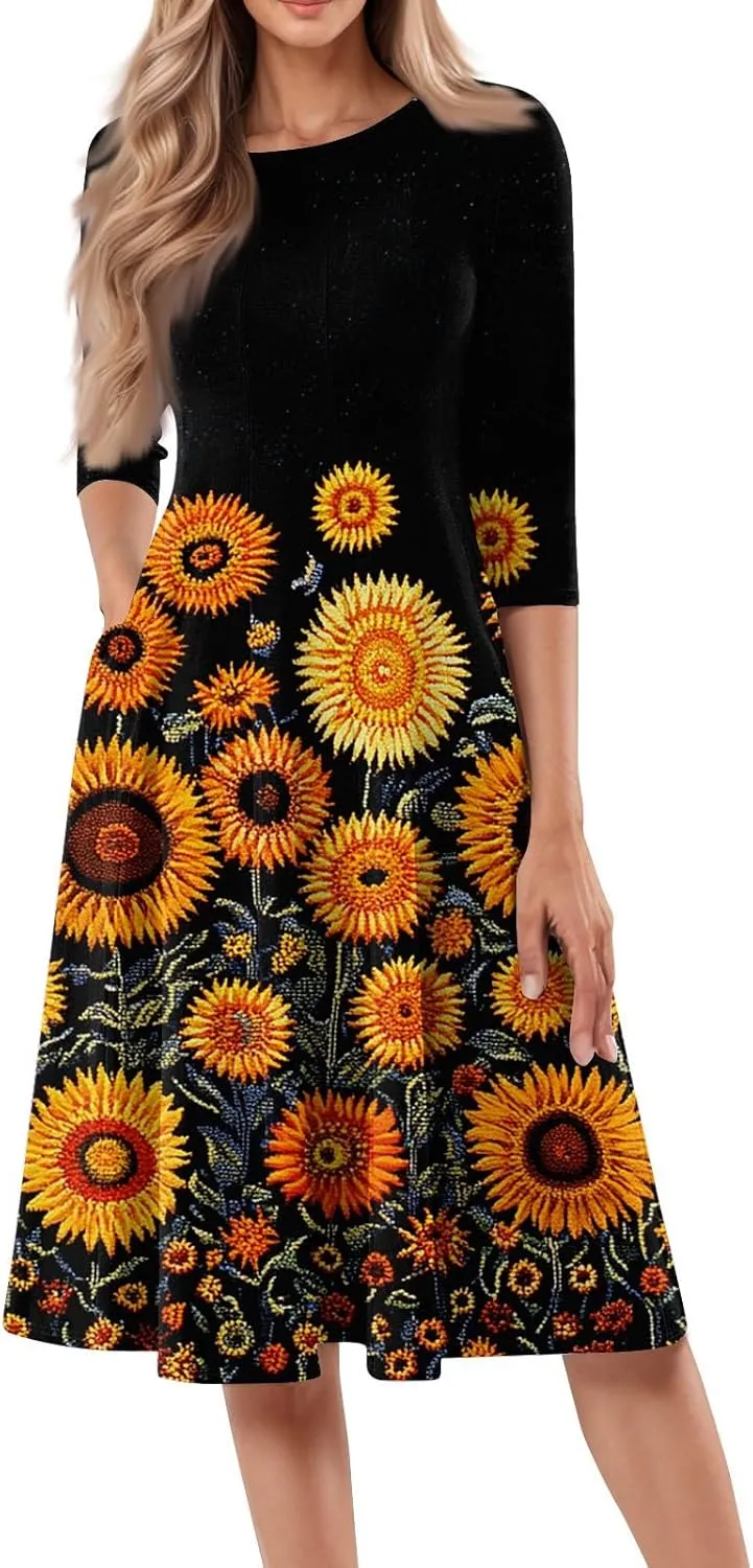 3/4 Sleeve Midi Dress for Women Spring Fashion Outdoor Floral Crewneck Dresses 2025 Casual