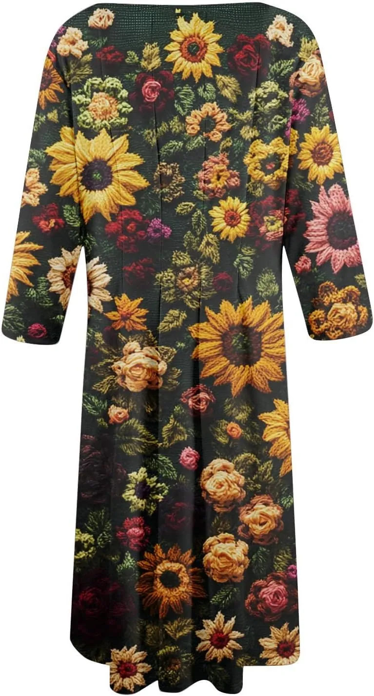 3/4 Sleeve Midi Dress for Women Spring Fashion Outdoor Floral Crewneck Dresses 2025 Casual
