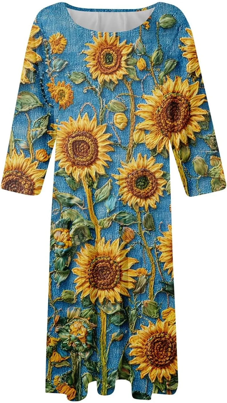 3/4 Sleeve Midi Dress for Women Spring Fashion Outdoor Floral Crewneck Dresses 2025 Casual