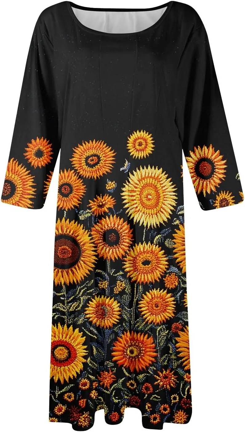 3/4 Sleeve Midi Dress for Women Spring Fashion Outdoor Floral Crewneck Dresses 2025 Casual