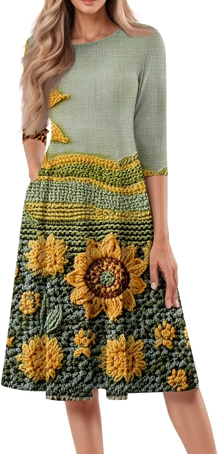 3/4 Sleeve Midi Dress for Women Spring Fashion Outdoor Floral Crewneck Dresses 2025 Casual