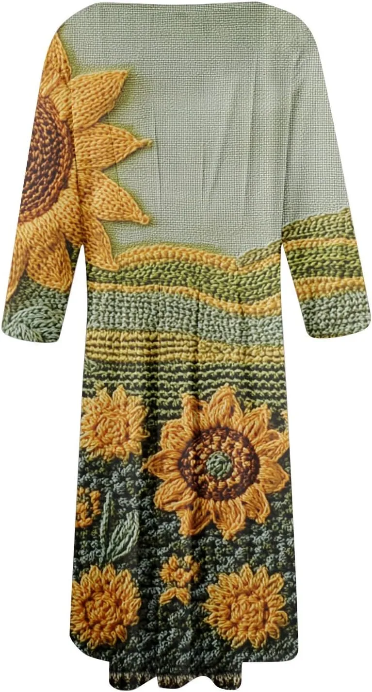 3/4 Sleeve Midi Dress for Women Spring Fashion Outdoor Floral Crewneck Dresses 2025 Casual