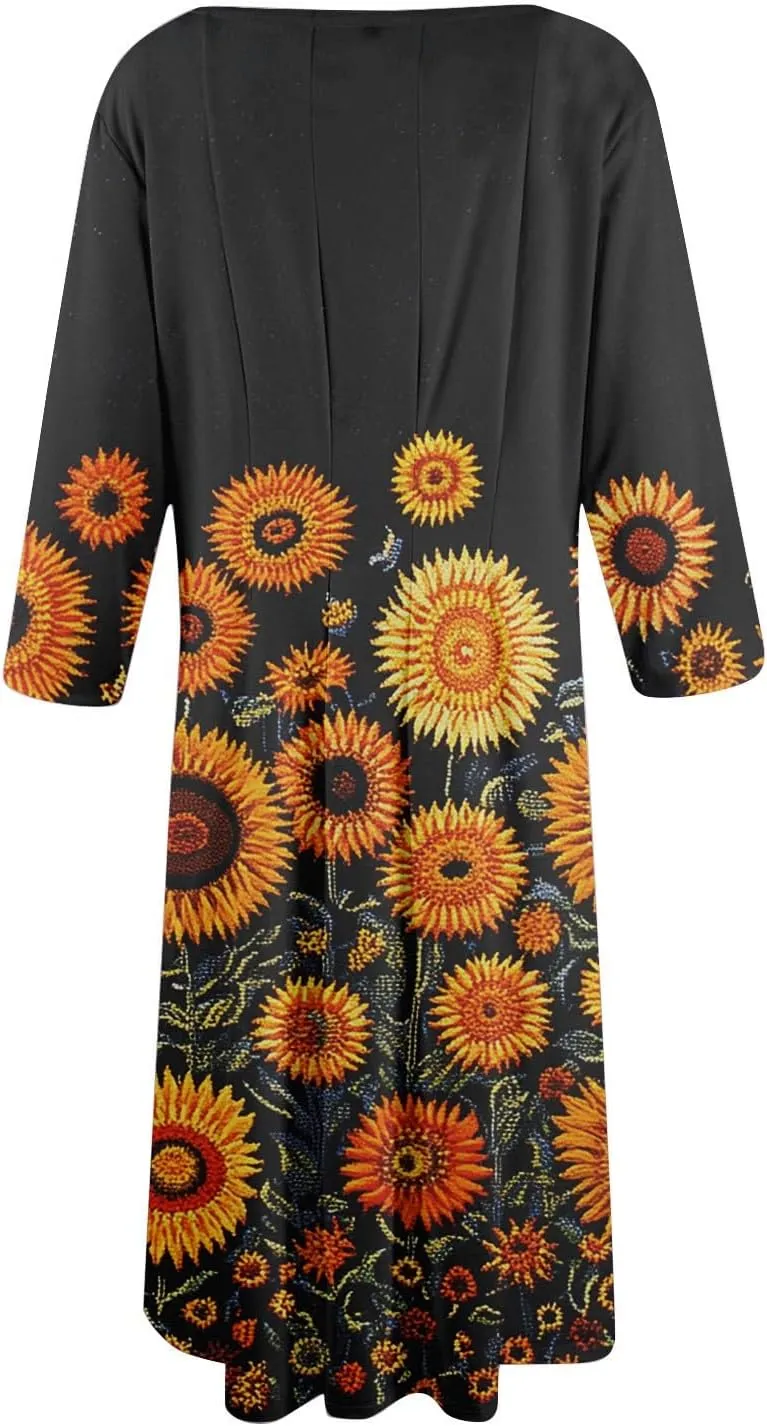 3/4 Sleeve Midi Dress for Women Spring Fashion Outdoor Floral Crewneck Dresses 2025 Casual