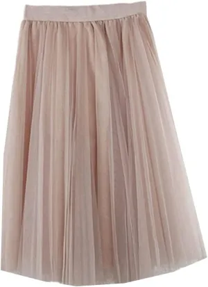 4 Layers Tulle Skirts Women Tulle Skirt Elastic High Waist Pleated Midi Skirt