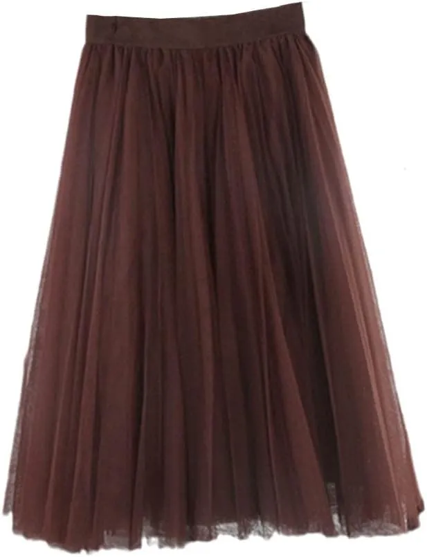 4 Layers Tulle Skirts Women Tulle Skirt Elastic High Waist Pleated Midi Skirt