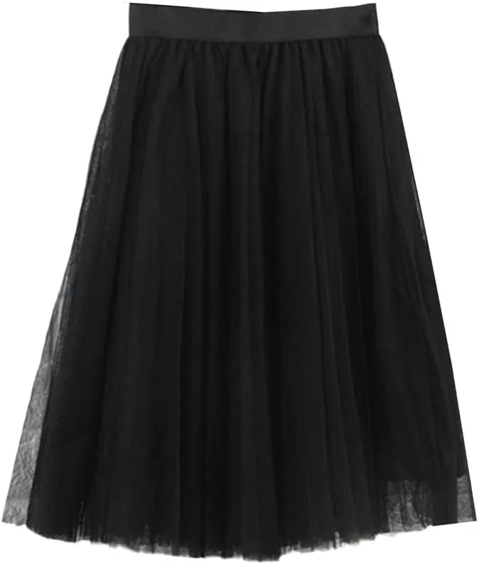 4 Layers Tulle Skirts Women Tulle Skirt Elastic High Waist Pleated Midi Skirt