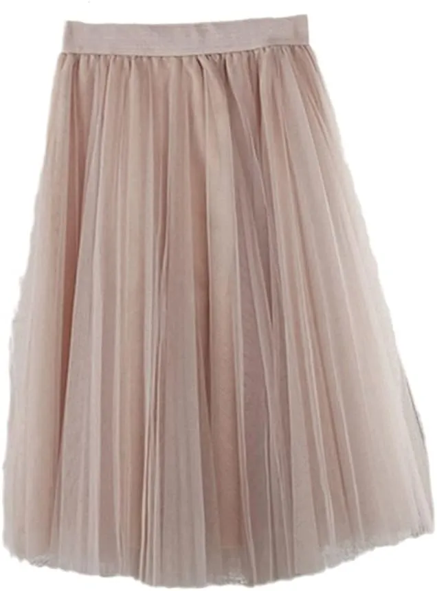 4 Layers Tulle Skirts Women Tulle Skirt Elastic High Waist Pleated Midi Skirt