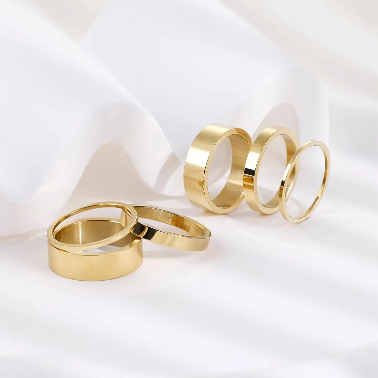 6PCS 14K Gold Filled Stacking Rings for Women Midi Knuckle Rings Thin Plain Statement Band Ring Comfort Fit Stacking Thumb Jewelry Ring Sizes 5-10 1MM 3MM 6MM