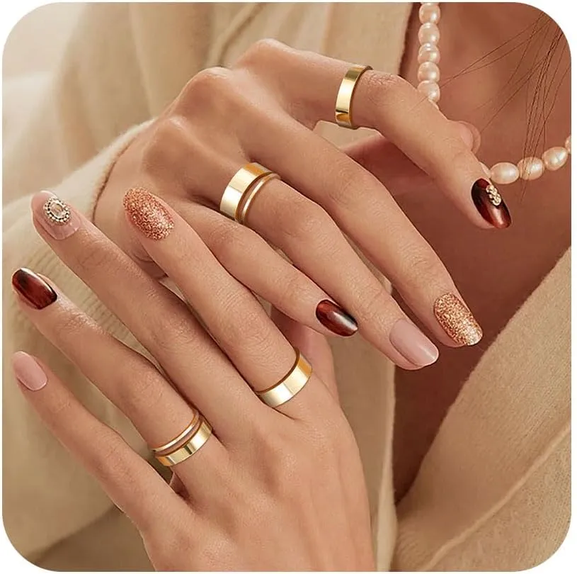 6PCS 14K Gold Filled Stacking Rings for Women Midi Knuckle Rings Thin Plain Statement Band Ring Comfort Fit Stacking Thumb Jewelry Ring Sizes 5-10 1MM 3MM 6MM