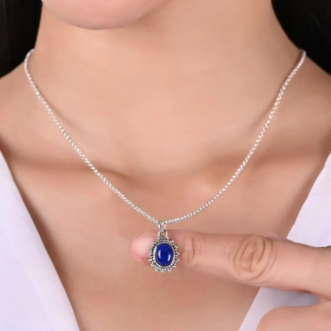 925 Sterling Silver Blue Lapis Lazuli Pendant for Women, Genuine September Birthstone Jewelry, Oval Oxidized, Trendy Natural Gemstone Necklace, Gift For Her