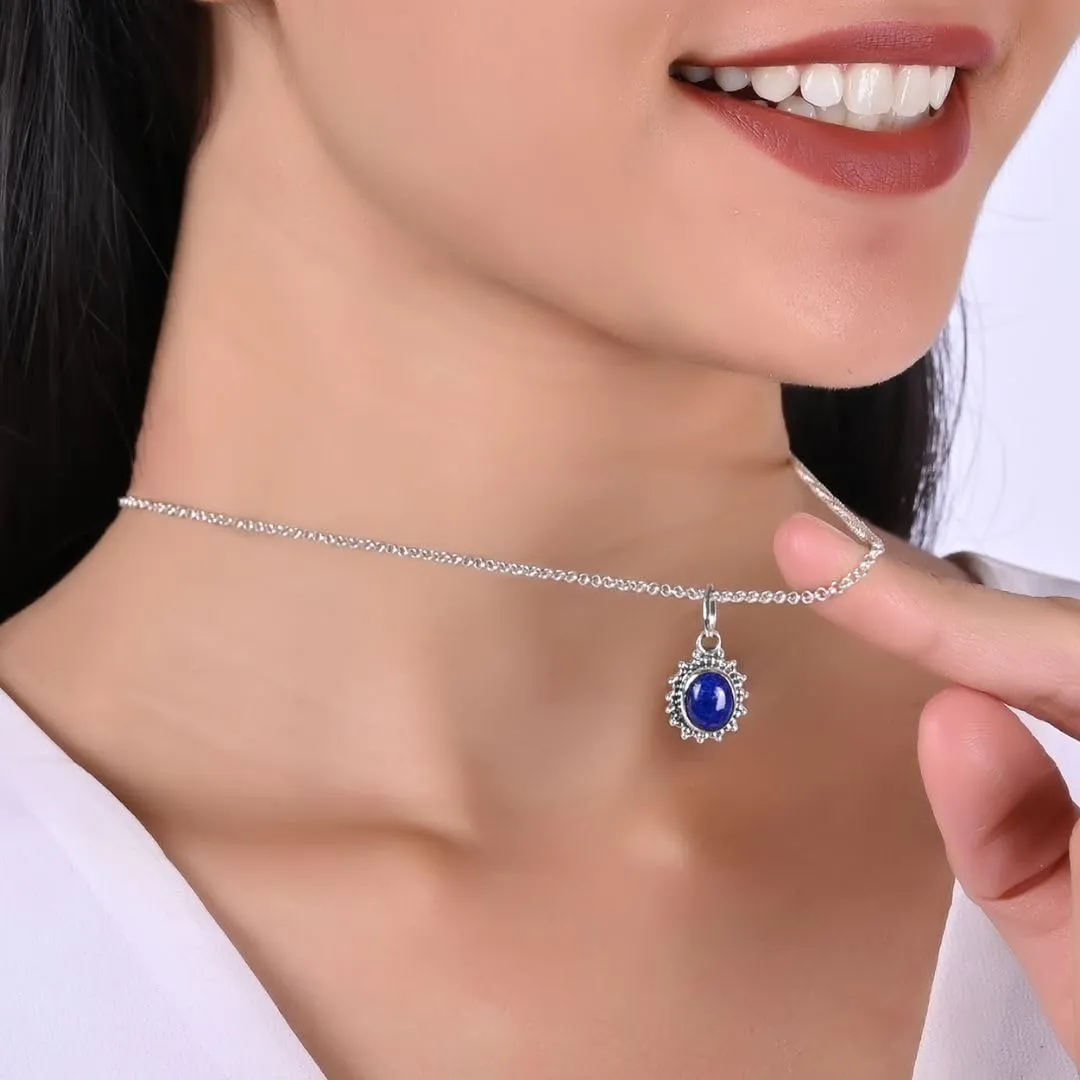 925 Sterling Silver Blue Lapis Lazuli Pendant for Women, Genuine September Birthstone Jewelry, Oval Oxidized, Trendy Natural Gemstone Necklace, Gift For Her