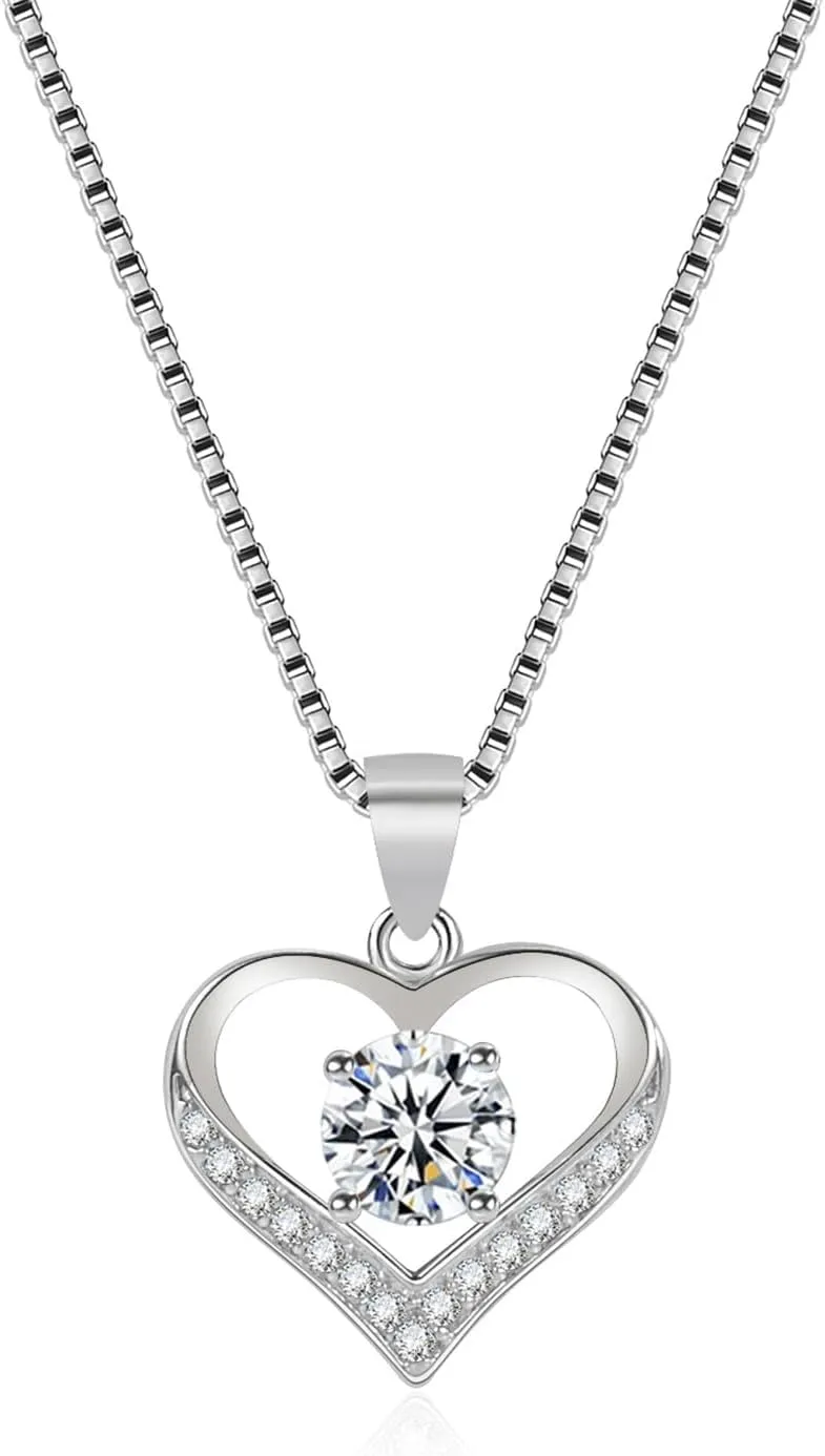 925 Sterling Silver Heart Pendant Necklace | Four-Prong Setting with 5A Cubic Zirconia | Hypoallergenic, Tarnish-Resistant Womens Necklace | Perfect Valentines Day or Birthday