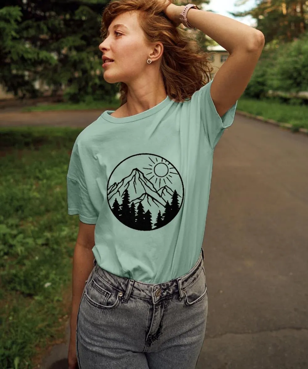 Adventure Awaits Shirts for Women Cute Sunrise Eagle Graphic Hiking T Shirts Outdoor Casual Short Sleeve Wildflower Tops